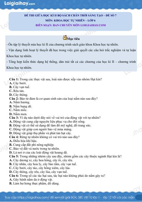 Đề thi giữa học kì 2 KHTN 6 Chân trời sáng tạo - Đề số 7